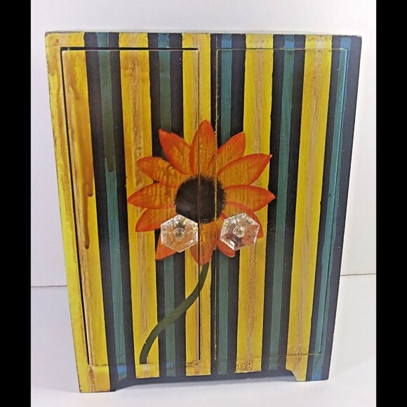 Mini Jewelry Armoire Box Vintage Floral 11x8x6in Wood Butterfly Stripe Sunflower - Picture 1 of 7